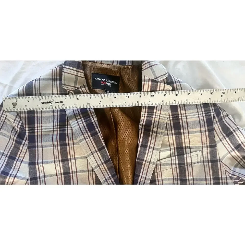 Banana Republic Mad Men Plaid Blazer 38S Tailored Slim Fit Navy Red Gold Lining